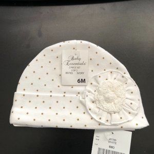 Baby Essentials Ivory Beanie Hat Cap Gold Polka-dots Lace Flower Size 6 Months